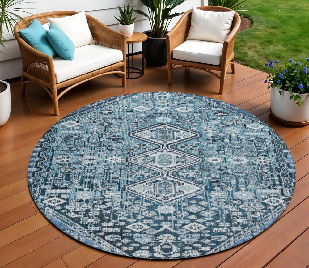 HomeRoots 8' Blue and Ivory Round Aztec Rug – Durable, Washable, Stylish for Indoor & Outdoor Spaces, Easy Care 622134