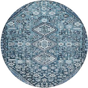 HomeRoots 8' Blue and Ivory Round Aztec Rug – Durable, Washable, Stylish for Indoor & Outdoor Spaces, Easy Care 622134