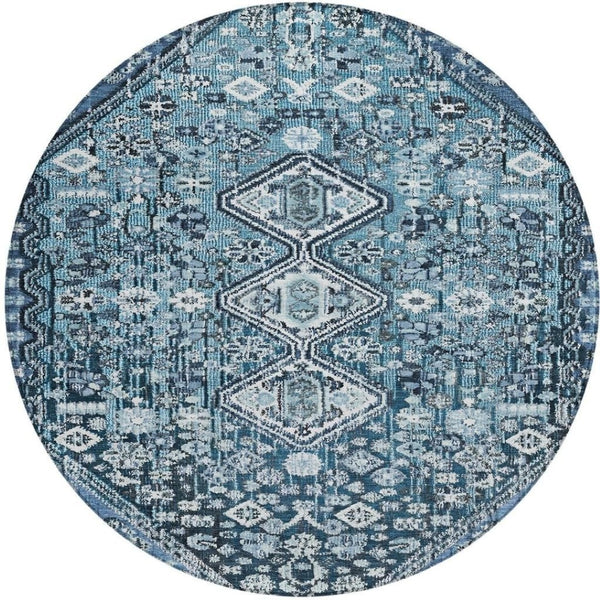 HomeRoots 8' Blue and Ivory Round Aztec Rug – Durable, Washable, Stylish for Indoor & Outdoor Spaces, Easy Care 622134