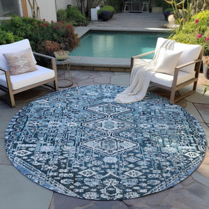HomeRoots 8' Blue and Ivory Round Aztec Rug – Durable, Washable, Stylish for Indoor & Outdoor Spaces, Easy Care 622134