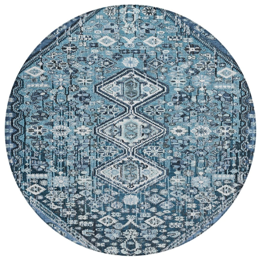 HomeRoots 8' Blue and Ivory Round Aztec Rug – Durable, Washable, Stylish for Indoor & Outdoor Spaces, Easy Care 622134