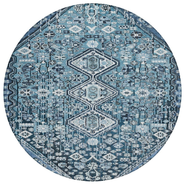 HomeRoots 8' Blue and Ivory Round Aztec Rug – Durable, Washable, Stylish for Indoor & Outdoor Spaces, Easy Care 622134
