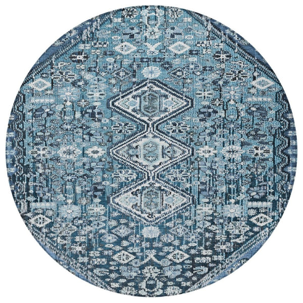 HomeRoots 8' Blue and Ivory Round Aztec Rug – Durable, Washable, Stylish for Indoor & Outdoor Spaces, Easy Care 622134