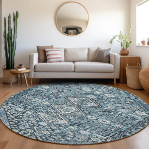 HomeRoots 8' Blue and Ivory Round Aztec Rug – Durable, Washable, Stylish for Indoor & Outdoor Spaces, Easy Care 622134