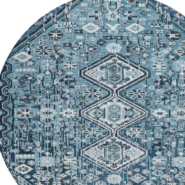 HomeRoots 8' Blue and Ivory Round Aztec Rug – Durable, Washable, Stylish for Indoor & Outdoor Spaces, Easy Care 622134