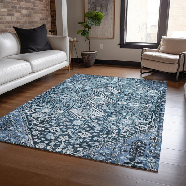 HomeRoots 9' X 12' Aztec Washable Indoor Outdoor Rug – Blue & Ivory Geometric Design for Stylish Spaces! 622136