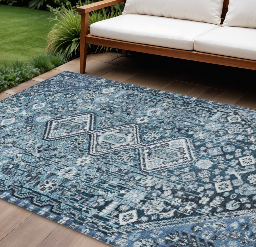 HomeRoots 10' Blue and Ivory Aztec Washable Area Rug – Durable Indoor Outdoor Design for High-Traffic Spaces 622137