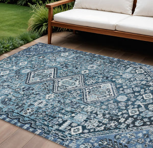HomeRoots 10' Blue and Ivory Aztec Washable Area Rug – Durable Indoor Outdoor Design for High-Traffic Spaces 622137