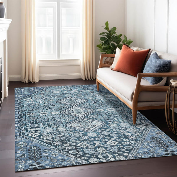 HomeRoots 10' Blue and Ivory Aztec Washable Area Rug – Durable Indoor Outdoor Design for High-Traffic Spaces 622137