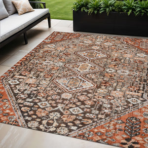 HomeRoots 5' Brown and Ivory Aztec Indoor-Outdoor Area Rug - Durable, Washable, Stylish for High-Traffic Spaces 622139