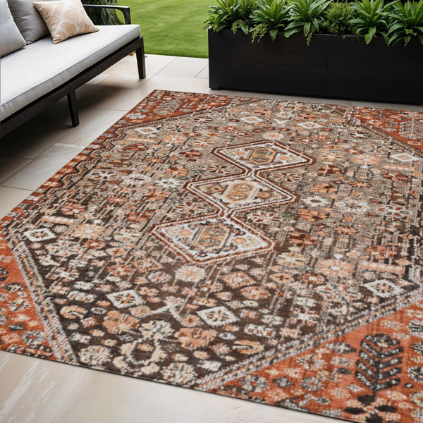HomeRoots 5' Brown and Ivory Aztec Indoor-Outdoor Area Rug - Durable, Washable, Stylish for High-Traffic Spaces 622139