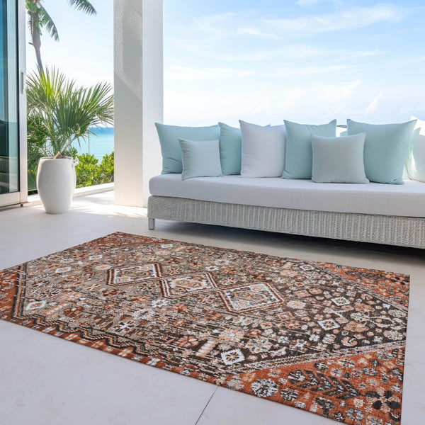 HomeRoots 5' Brown and Ivory Aztec Indoor-Outdoor Area Rug - Durable, Washable, Stylish for High-Traffic Spaces 622139