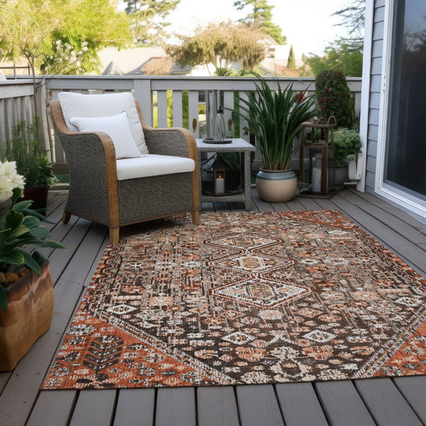 HomeRoots 5' Brown and Ivory Aztec Indoor-Outdoor Area Rug - Durable, Washable, Stylish for High-Traffic Spaces 622139
