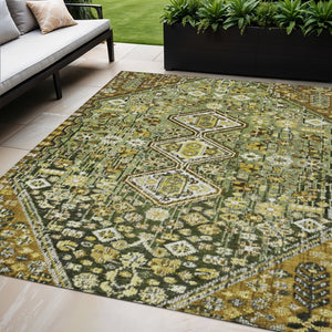 HomeRoots 5' Olive Green & Brown Aztec Area Rug - Stylish, Washable Indoor/Outdoor Carpet for All Spaces! 622151