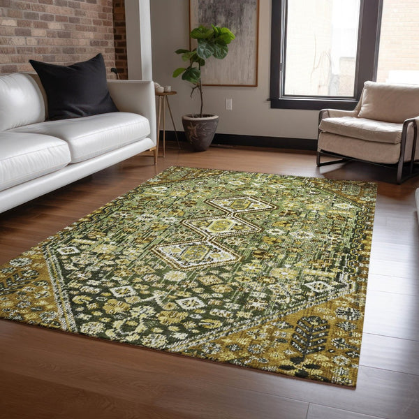HomeRoots 5' Olive Green & Brown Aztec Area Rug - Stylish, Washable Indoor/Outdoor Carpet for All Spaces! 622151