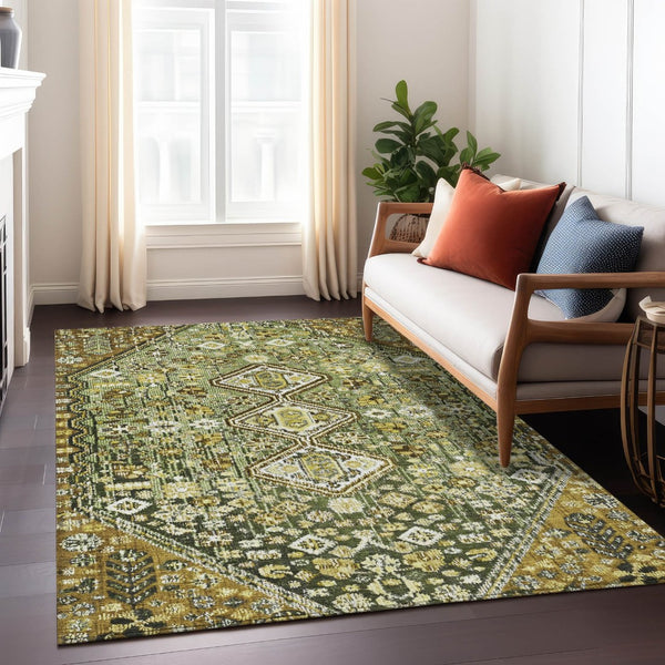 HomeRoots 5' Olive Green & Brown Aztec Area Rug - Stylish, Washable Indoor/Outdoor Carpet for All Spaces! 622151