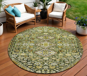 HomeRoots 8' Round Aztec Indoor Outdoor Area Rug in Olive Green & Brown - Stylish, Washable & Durable Design! 622152