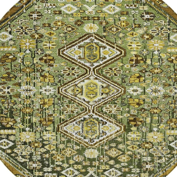 HomeRoots 8' Round Aztec Indoor Outdoor Area Rug in Olive Green & Brown - Stylish, Washable & Durable Design! 622152
