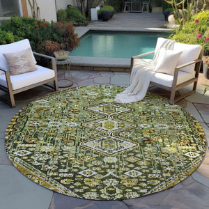 HomeRoots 8' Round Aztec Indoor Outdoor Area Rug in Olive Green & Brown - Stylish, Washable & Durable Design! 622152
