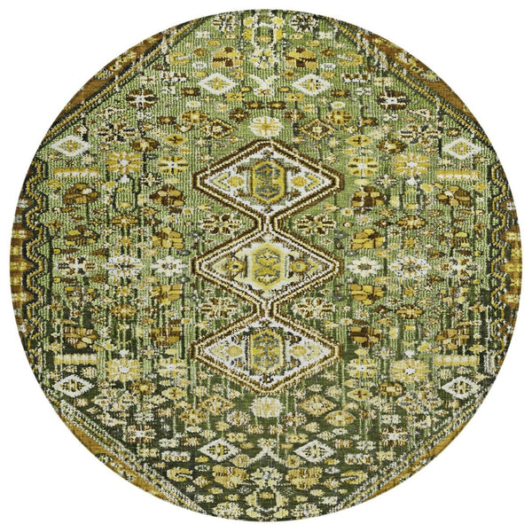 HomeRoots 8' Round Aztec Indoor Outdoor Area Rug in Olive Green & Brown - Stylish, Washable & Durable Design! 622152