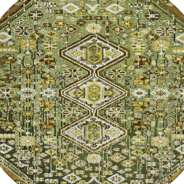 HomeRoots 8' Round Aztec Indoor Outdoor Area Rug in Olive Green & Brown - Stylish, Washable & Durable Design! 622152