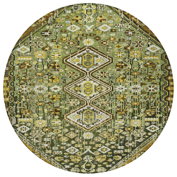 HomeRoots 8' Round Aztec Indoor Outdoor Area Rug in Olive Green & Brown - Stylish, Washable & Durable Design! 622152