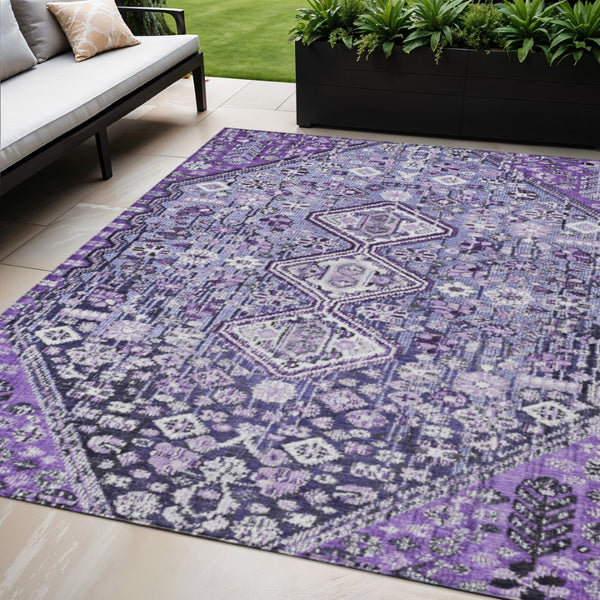 HomeRoots 5' Purple and Ivory Aztec Area Rug - Durable, Washable, Stylish for Indoor & Outdoor Spaces! 622157