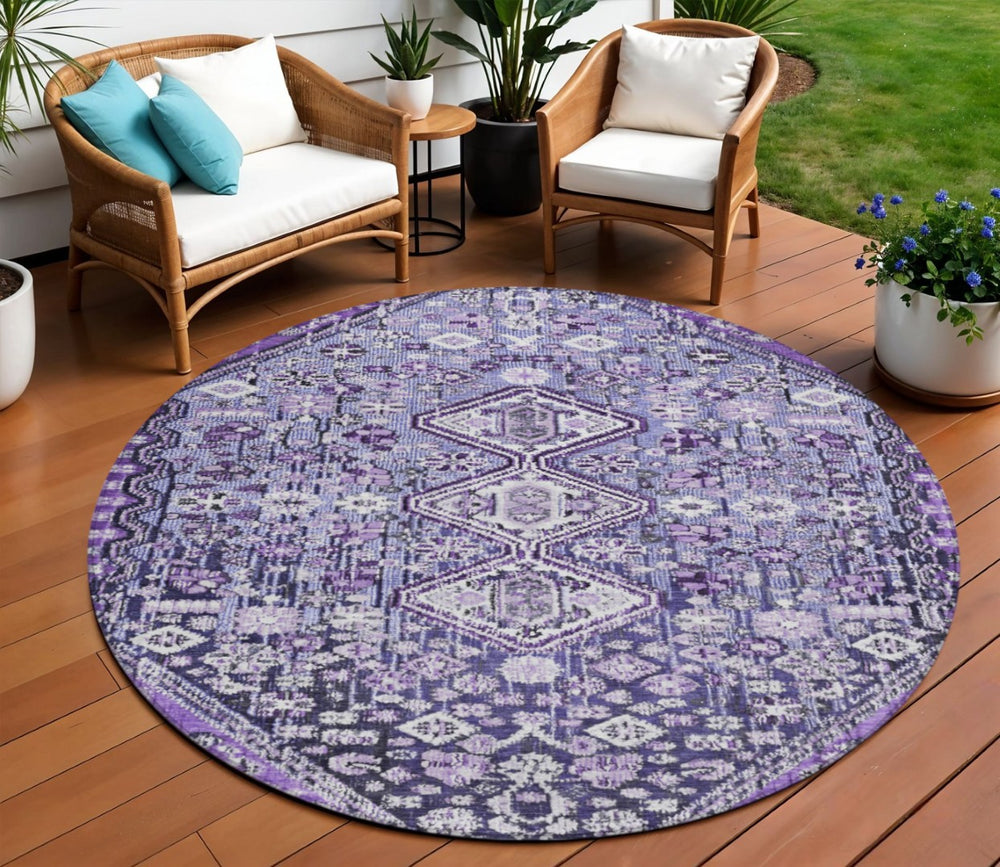 HomeRoots 8' Round Aztec Area Rug in Purple & Ivory - Durable, Washable, Ideal for Indoor & Outdoor Spaces 622158