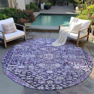 HomeRoots 8' Round Aztec Area Rug in Purple & Ivory - Durable, Washable, Ideal for Indoor & Outdoor Spaces 622158