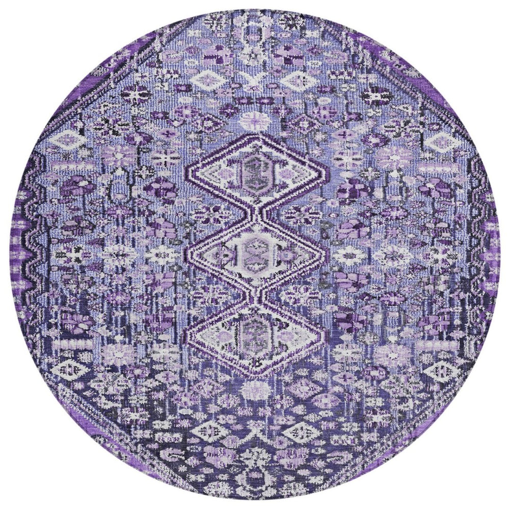 HomeRoots 8' Round Aztec Area Rug in Purple & Ivory - Durable, Washable, Ideal for Indoor & Outdoor Spaces 622158
