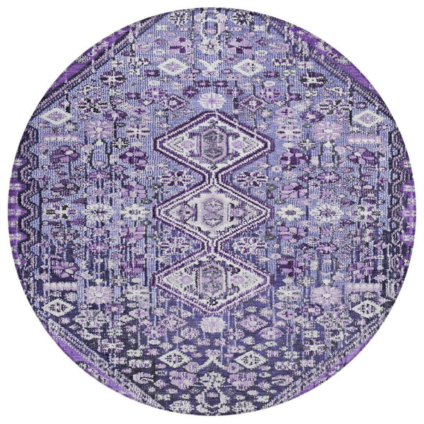 HomeRoots 8' Round Aztec Area Rug in Purple & Ivory - Durable, Washable, Ideal for Indoor & Outdoor Spaces 622158