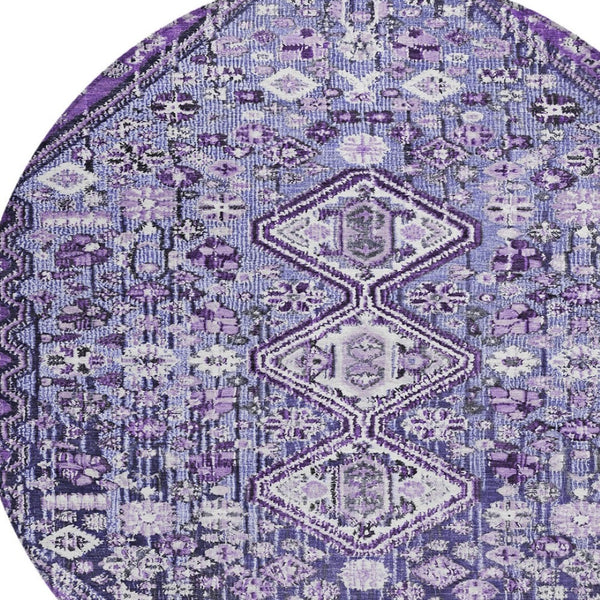 HomeRoots 8' Round Aztec Area Rug in Purple & Ivory - Durable, Washable, Ideal for Indoor & Outdoor Spaces 622158