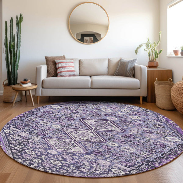HomeRoots 8' Round Aztec Area Rug in Purple & Ivory - Durable, Washable, Ideal for Indoor & Outdoor Spaces 622158