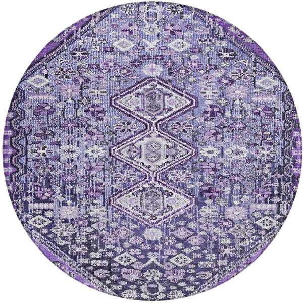 HomeRoots 8' Round Aztec Area Rug in Purple & Ivory - Durable, Washable, Ideal for Indoor & Outdoor Spaces 622158