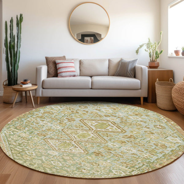 HomeRoots 8' Round Aztec Area Rug in Sage & Ivory - Washable, Durable, Perfect for Indoor & Outdoor Spaces! 622164