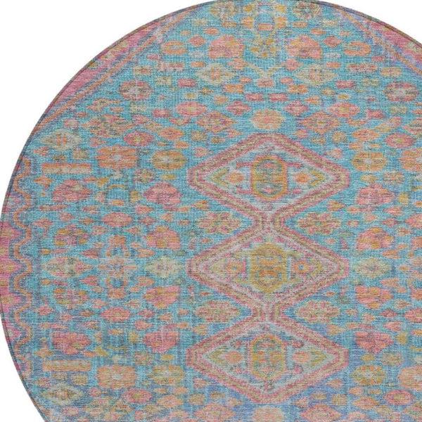 HomeRoots 8' Sky Blue & Blush Round Aztec Rug – Stylish, Washable Indoor/Outdoor Area Rug for Modern Spaces 622170