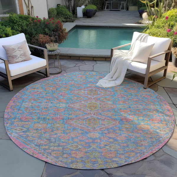 HomeRoots 8' Sky Blue & Blush Round Aztec Rug – Stylish, Washable Indoor/Outdoor Area Rug for Modern Spaces 622170