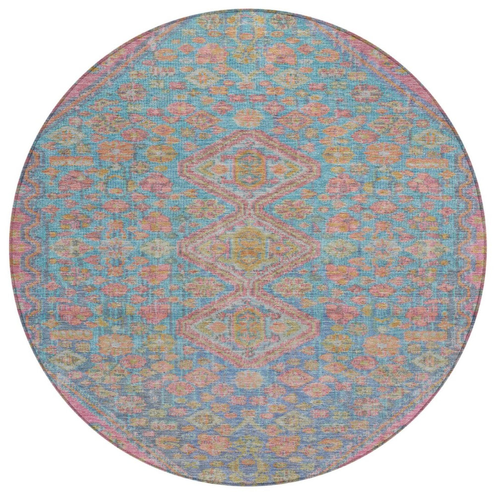 HomeRoots 8' Sky Blue & Blush Round Aztec Rug – Stylish, Washable Indoor/Outdoor Area Rug for Modern Spaces 622170