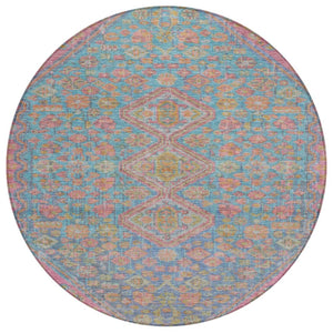 HomeRoots 8' Sky Blue & Blush Round Aztec Rug – Stylish, Washable Indoor/Outdoor Area Rug for Modern Spaces 622170