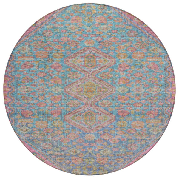 HomeRoots 8' Sky Blue & Blush Round Aztec Rug – Stylish, Washable Indoor/Outdoor Area Rug for Modern Spaces 622170