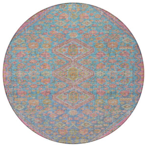HomeRoots 8' Sky Blue & Blush Round Aztec Rug – Stylish, Washable Indoor/Outdoor Area Rug for Modern Spaces 622170