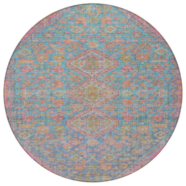 HomeRoots 8' Sky Blue & Blush Round Aztec Rug – Stylish, Washable Indoor/Outdoor Area Rug for Modern Spaces 622170