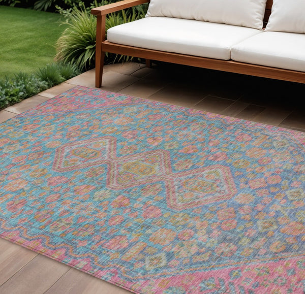 HomeRoots 10' Sky Blue & Blush Aztec Area Rug – Durable, Washable, Indoor/Outdoor Style for High-Traffic Spaces! 622173