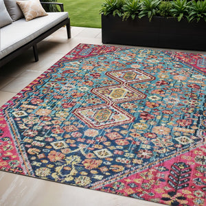 HomeRoots 5' X 8' Teal Blue & Merlot Aztec Rug - Durable, Washable Indoor/Outdoor Accent for Any Space 622175