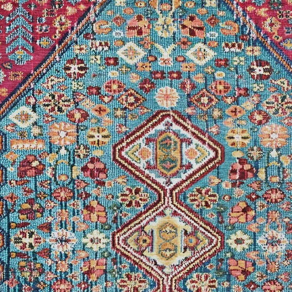 HomeRoots 5' X 8' Teal Blue & Merlot Aztec Rug - Durable, Washable Indoor/Outdoor Accent for Any Space 622175