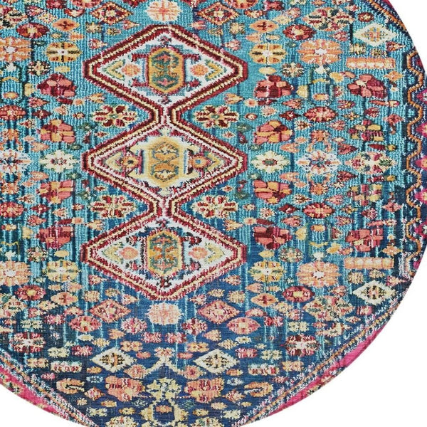 HomeRoots 8' Teal Blue & Merlot Round Aztec Rug - Durable, Washable Indoor/Outdoor Accent for High-Traffic Areas 622176