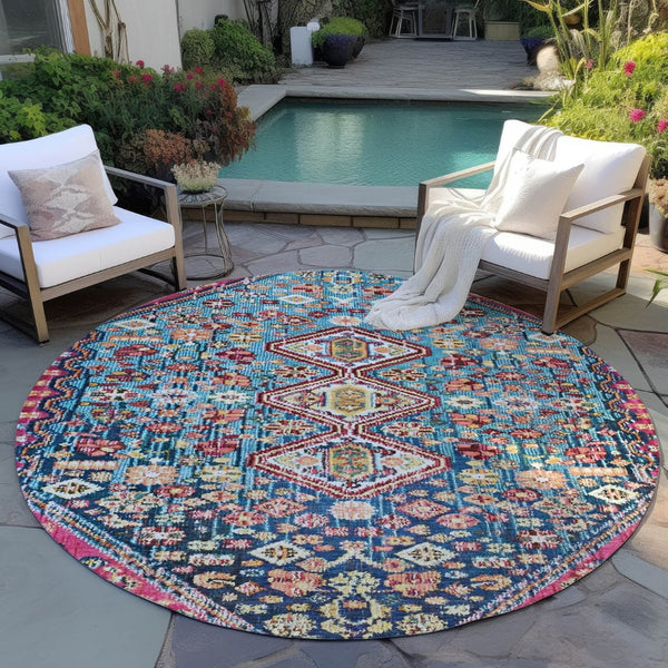 HomeRoots 8' Teal Blue & Merlot Round Aztec Rug - Durable, Washable Indoor/Outdoor Accent for High-Traffic Areas 622176