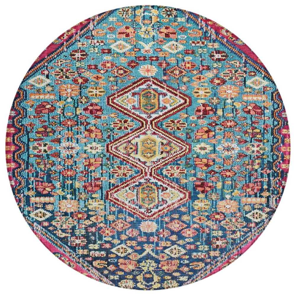 HomeRoots 8' Teal Blue & Merlot Round Aztec Rug - Durable, Washable Indoor/Outdoor Accent for High-Traffic Areas 622176