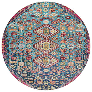 HomeRoots 8' Teal Blue & Merlot Round Aztec Rug - Durable, Washable Indoor/Outdoor Accent for High-Traffic Areas 622176