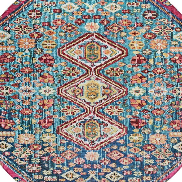 HomeRoots 8' Teal Blue & Merlot Round Aztec Rug - Durable, Washable Indoor/Outdoor Accent for High-Traffic Areas 622176